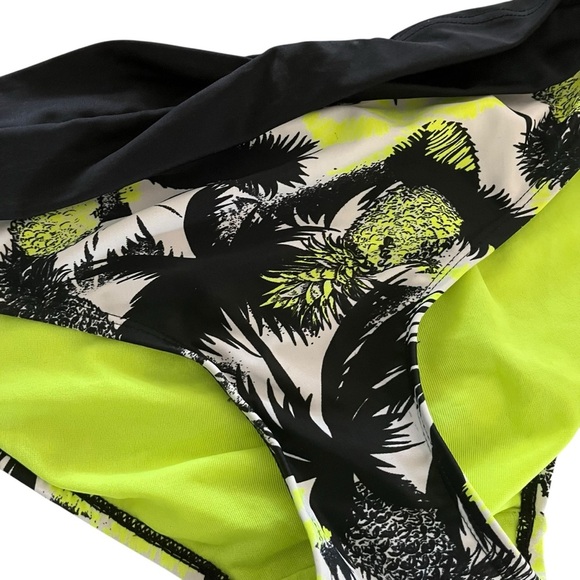 Black and Neon Pineapple Palm Print Bikini Bottom Ruched Waist Tropical Swim - Picture 2 of 5